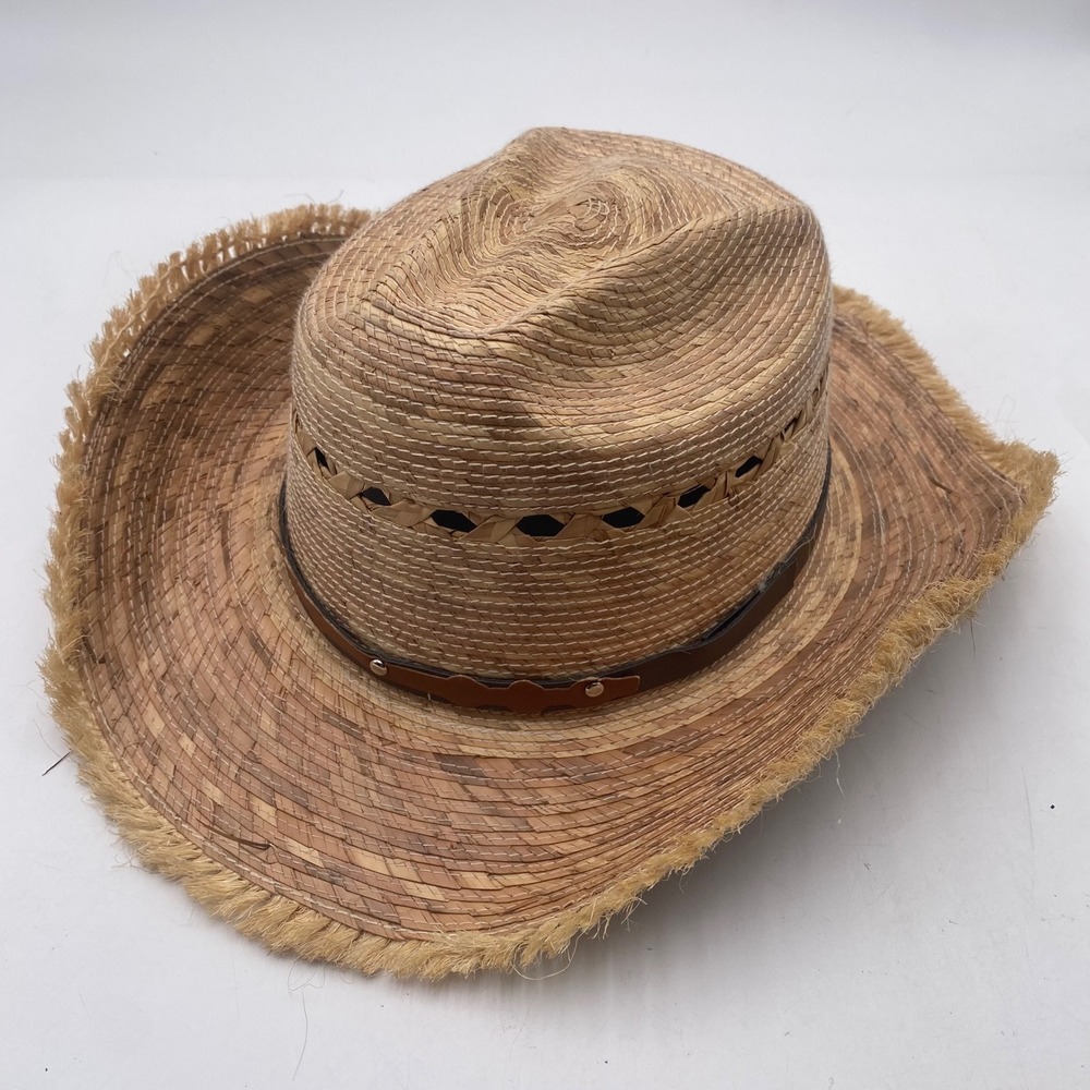 Palm Straw Cowboy Hat OSFM Tan Gaucho frayed Brim Western Sun Mexican Hat
